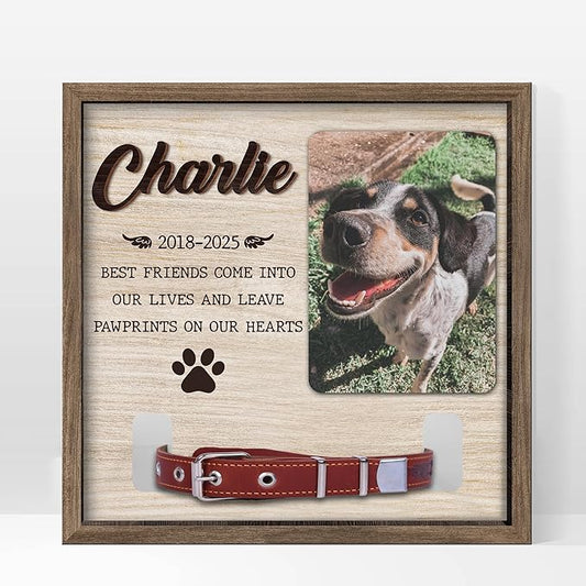 Dog Memorial Frame with Collar Holder – Best Friends Leave Pawprints on Our Hearts Quote – Personalized Pet Memorial Picture Frame with Name – Dog Loss Gift with White Wood Background