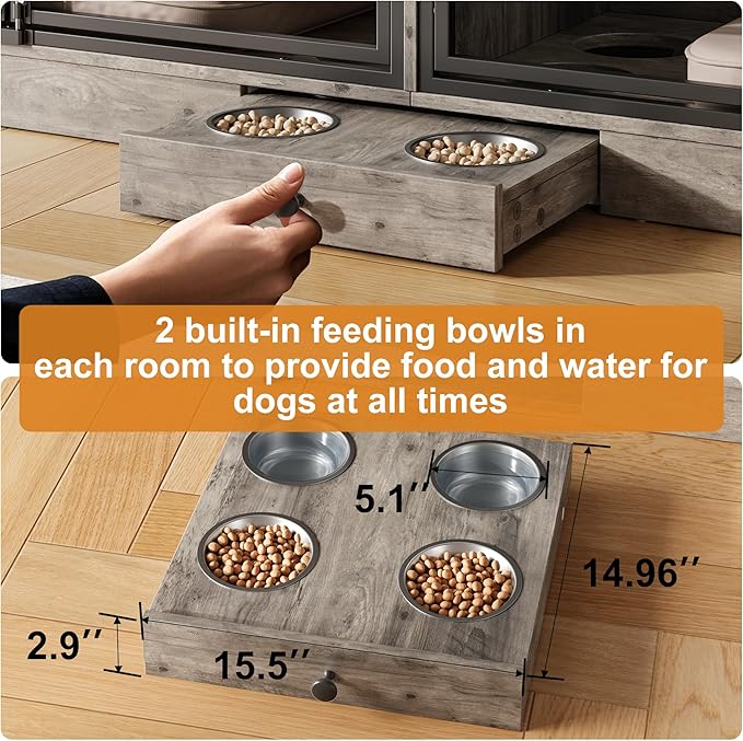 GarveeHome Dog Crate Furniture for 2 Dogs, Dog Kennel Indoor with 4 Storage Drawers and Feeding Bowls, Double Dog Crate TV Stand for Small Medium Dogs, Grey