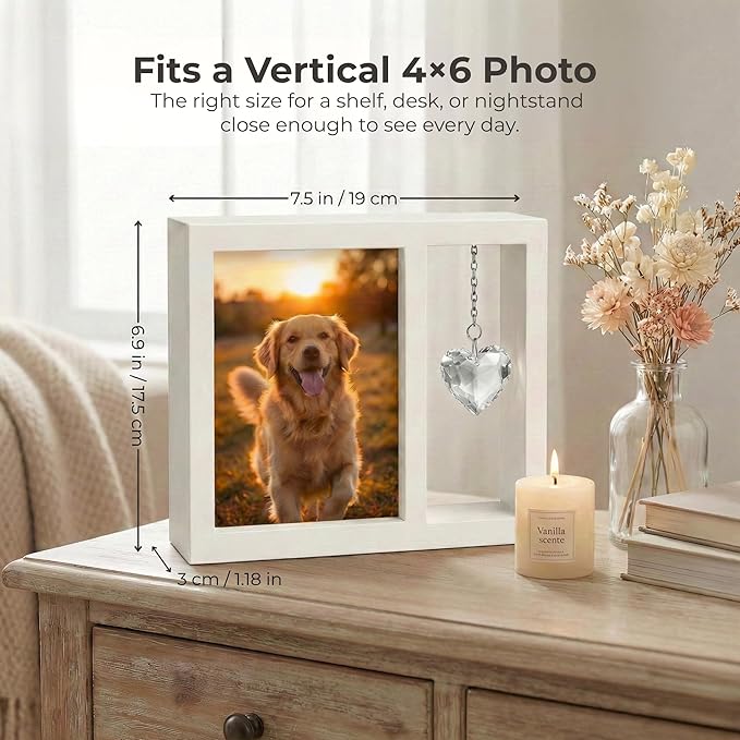 Dog Memorial Gift for Loss of Dog – 4x6 Wooden Photo Frame with Crystal Heart Suncatcher, Pet Memorial Picture Frame Keepsake