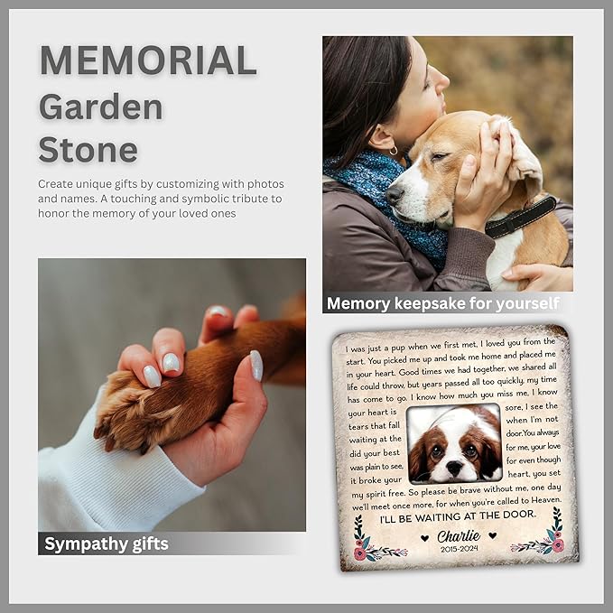 Wrappiness Pet Memorial Stone - I Will Be Waiting at Door, Personalized Dog Memorial Gifts, Remembrance Condolences Bereavement Gifts for Loss of Pet Custom Photo (Square 02, Stone)