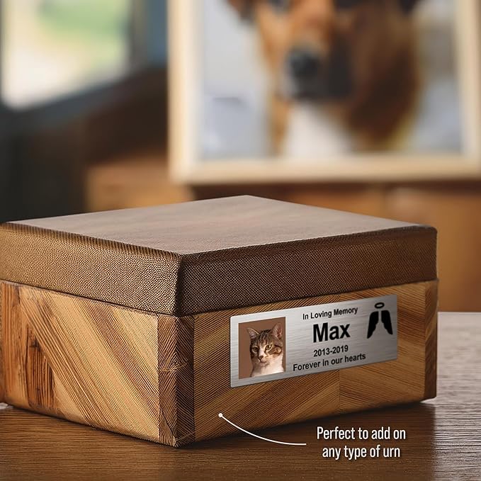 Custom Pet Memorial Nameplate for Urns & Ashes Boxes, Personalized Stainless Steel Adhesive Backing Badge Remembrance Tags (Text + Photo)