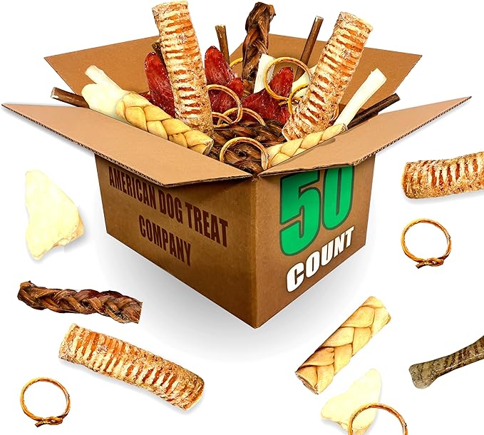 50-Piece Premium Dog Chew Assortment - Natural & Long-Lasting Treats | Includes Beef Ears, Bully Sticks, Collagen Sticks, Trachea Bones & More