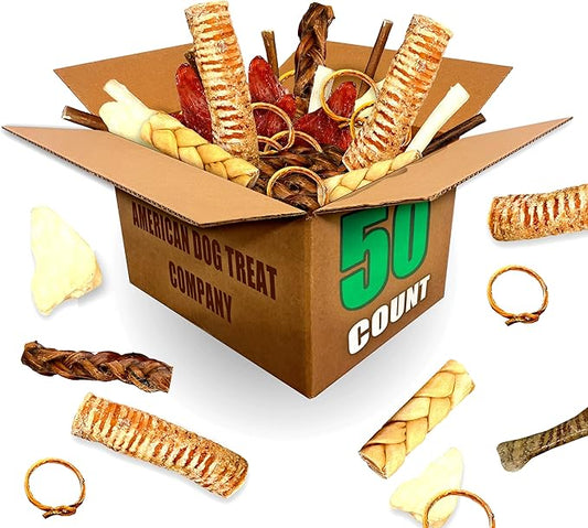 50-Piece Premium Dog Chew Assortment - Natural & Long-Lasting Treats | Includes Beef Ears, Bully Sticks, Collagen Sticks, Trachea Bones & More