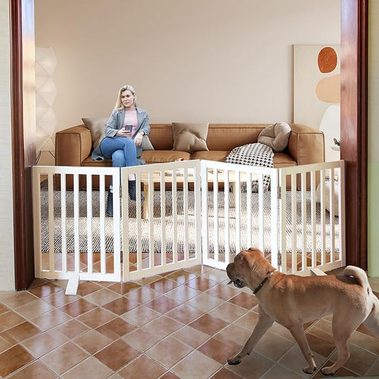 Dog Gate Indoor, Freestanding Dog Fence for The House, Doorways, Hallways,or Stairs,Pet Gate Foldable Wooden,Expandable 24" Height 4 Panels,White