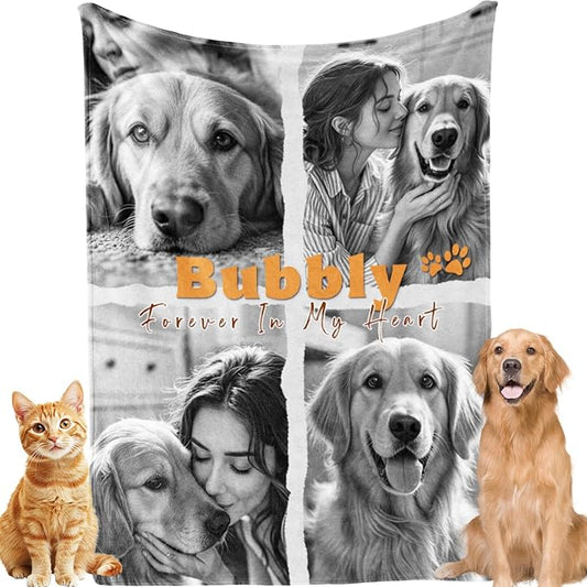 Bemaystar Pet Memorial Gifts for Dogs - Ships Next Day Custom Dog Blanket with Photo & Name Black and White Photo Processing Dog Memorial Gifts for Loss of Dog Cat Passing Away Souvenir(4 Photos)