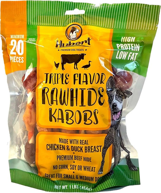 Hubert Pet Triple Flavored Rawhide Kabobs, Chicken, Duck & Pork Hide Dog Chews, All Natural Treats for All Dog Sizes, 1 lb Resealable Bag