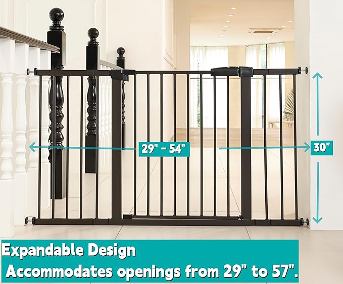 29"-57" Baby and Pet Safety Gate, 30" Tall Metal Walk-Thru Gate for Doorways & Stairs, Easy One-Hand Open, Dual Lock, Extensions & Wall Mounts Included (Brown, 29"-54" W x 30.5“H)