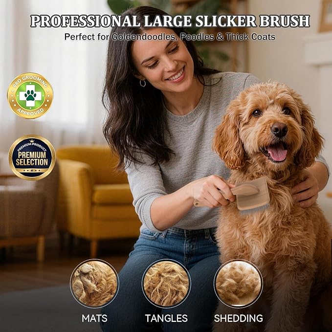 4-in-1 Beech Wood Slicker Brush for Dogs - Long Pin Dog Brush Grooming Kit for Doodles, Poodles, Goldendoodles & Thick Coats to Dematting & Reducing Tangles and Fluff