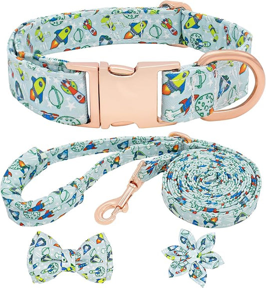 Dog Collar and Leash Set Adjustable Girls Puppy Floral Collars with Bow Tie for Small Medium Large Dogs(M, Rocket)