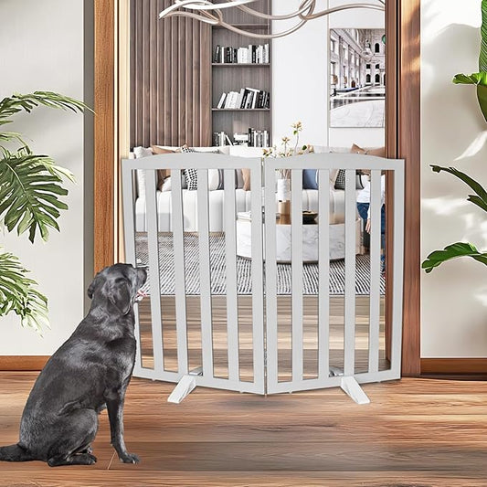 ZJSF Foldable Freestanding Indoor Dog Gate for House Wood Long Pet Gates Dog Fence for Stairs Puppy Gates for Hallways, Puppy Gate,Support Feet Included, Grey, 32 "Height-2 Panels
