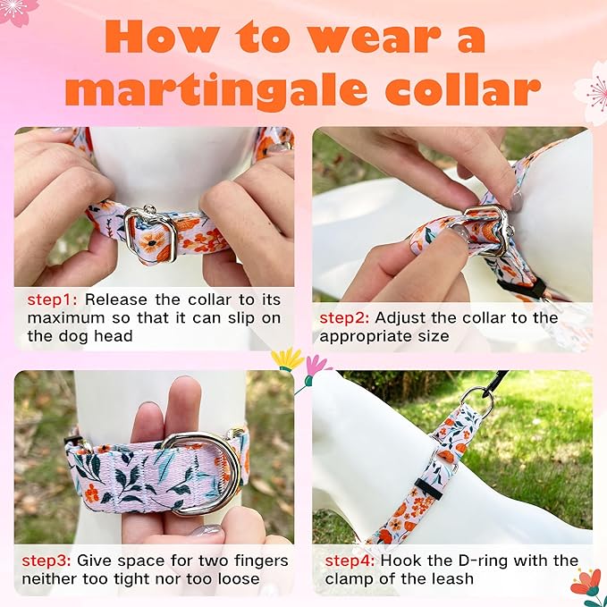 Hikiko Martingale Collar for Dogs with No Buckle Flower Dog Collars Comfortable Nylon Training Collar for Medium Dogs,Retro Orange Flower,M