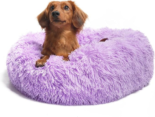 Calming Dog Bed for Medium Dogs Washable Donut 30 inches Anti-Slip Pet Bed,Round Fluffy Plush Faux Fur Cat Bed,Fits up to 45 lbs Pets,Purple