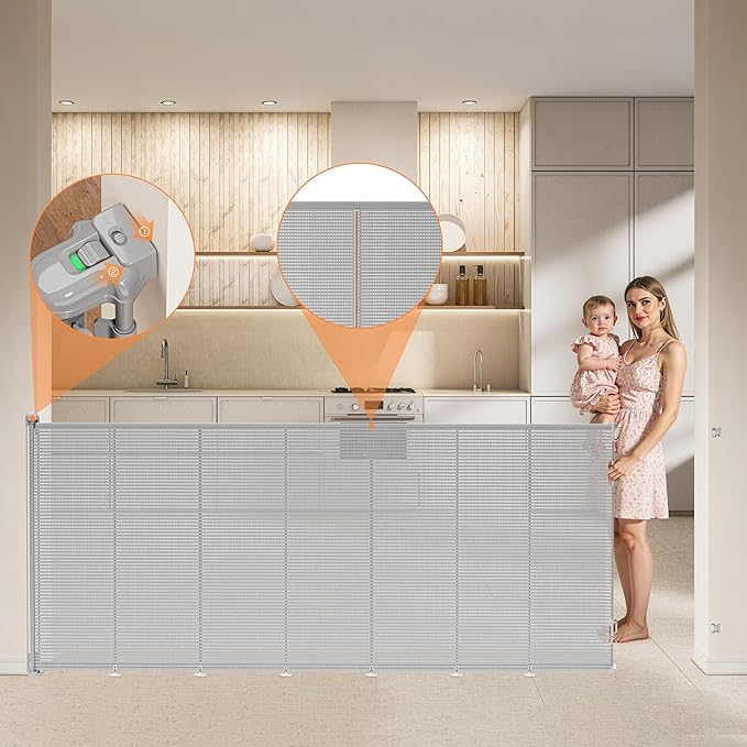 Retractable Baby Gate for Stairs, 48" Tall X 200" Wide Mesh Dog Gate Indoor, Child Gate for Doorways, Hallways, Deck, Indoor Outdoor Pet Baby Safety Essentials for Home, Gray (2 Pack)