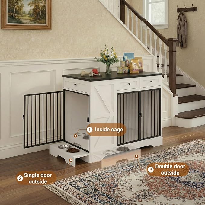 Dog Crate Furniture for Medium Large Dogs, Double-Door Kennel with Removable Bowls, Indoor Wooden Storage Drawers Heavy Duty Dog House Cage