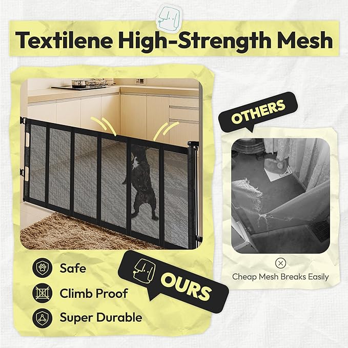 34" H Tall Mesh Dog Gate Extends Up to 120" W Retractable Pet Gate with Drill Installation, Preventing Crawling Through for Stairs, Doorways, Indoor & Outdoor (Black)