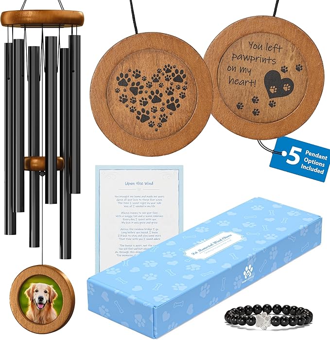 Dog Memorial Wind Chime 28" with 5 Pendant Designs and Comforting Pet Loss eBook- Pet Memorial Gifts-Loss of Dog Sympathy Gift-Dogs Wind Chimes, Remembrance Gift