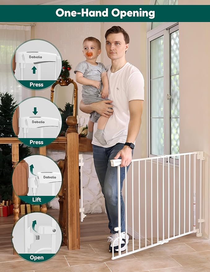 Babelio Removable & No Bottom Bar Baby Gate, 35.5-55" Hardware Mounted (Drill Needed)| Wide Walk-Thru| Auto-Close Safety Dog/Pet Gate for Stairs & Doorways (White, 35.5-55" W, 30" H)