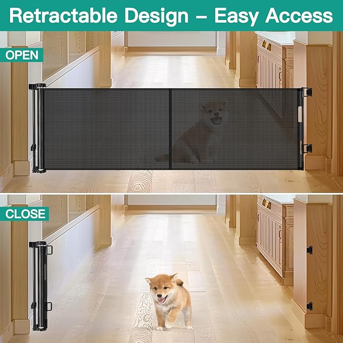 20 Inches Tall Retractable Short Dog Gates for Doorways, Short Pet Gate to Step Over, Extends up to 55" Wide, Step Over Puppy Gates for Stairs Mesh Doggy Gates Small Dog Gate Indoor Outdoor (Black)