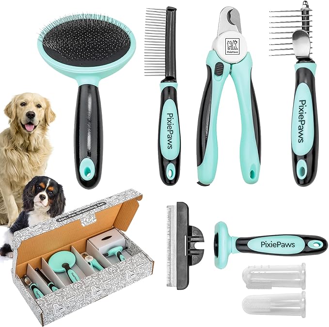 Pixie Paws Grooming Pet Brush 6 Piece Set, Dog and Cat Kit, Dematting Comb, Deshedding Fur, Toothbrush Clean Teeth, Remove Knot Tangles, Nail Clippers, Comfortable Handle - 530004E