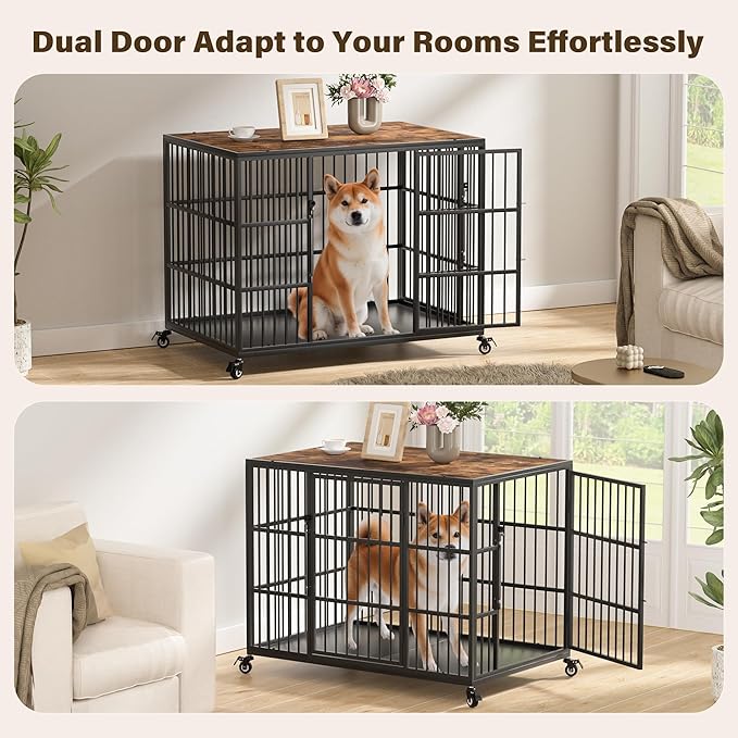VERIFURTY 42 Inch Heavy Duty Dog Crate Furniture with Self-Locking Latch for Medium and Large Dogs, Escape-Proof Dog Kennel Furniture Indoor, Decorative Pet Cage End Table, Rustic Brown