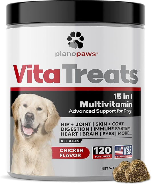 Vita Treats - Dog Vitamins and Supplements - Hemp Oil for Dogs - Glucosamine Chondroitin for Dogs - Omega 3 Fish Oil for Skin & Coat - Probiotics - Dog Joint Supplement - 120 Dog Multivitamin Chews