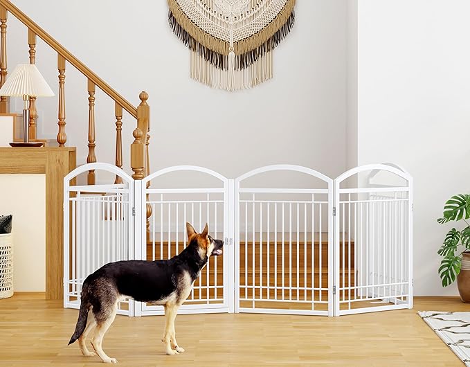 Folding No-Assembly Metal Freestanding Dog Gate with Door Walk Through,32" Height Pet Fence,144" Extra Wide Accordion Puppy Folding Playpen for Doorways,House,Stairs (6 Panels,White)
