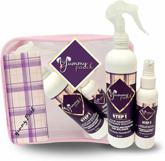 Yummy Pooch Dog Deodorant Baby Clean (Baby Powder Scent) - All-Natural 2-Step Odor Control & Coat Hydration - Includes Bandana & Travel Bag - Made in USA - 8oz and 4oz