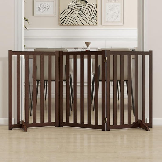 30" Height Tall Freestanding Pet Gate, Solid Wood Folding Safety Fence Wooden Dog Gate with 2 PCs Support Feet Ideal for Stairs, Doorways, Halls, Kitchens, Heavy Duty Gates, 3 Panels, Walnut