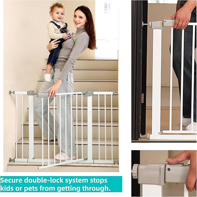 29"-57" Baby and Pet Safety Gate, 30" Tall Metal Walk-Thru Gate for Doorways & Stairs, Easy One-Hand Open, Dual Lock, Extensions & Wall Mounts Included (White, 29"-57" W x 30.5“H)