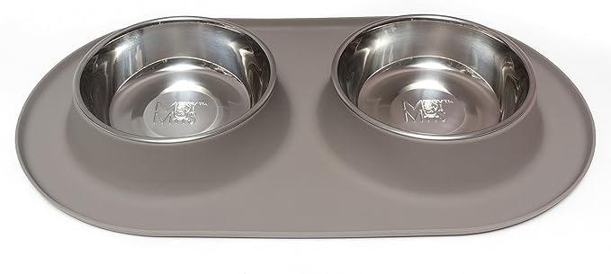Messy Mutts Double Silicone Feeder with Stainless Bowls | Non-Skid Food Dishes for Dogs for All Pets | Dog Food Bowls | Large, 3 Cups Per Bowl | Grey