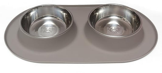 Messy Mutts Double Silicone Feeder with Stainless Bowls | Non-Skid Food Dishes for Dogs for All Pets | Dog Food Bowls | Large, 3 Cups Per Bowl | Grey