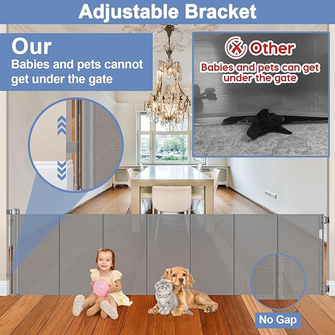 Reinforced bottom 90 Inch Extra Wide Baby Gate for Large Openings Retractable Baby Gates Extra Wide Upgraded Spring Retractable Dog Gate for Doorways Extra Wide Adjustable Bracket Retractable Pet Gate