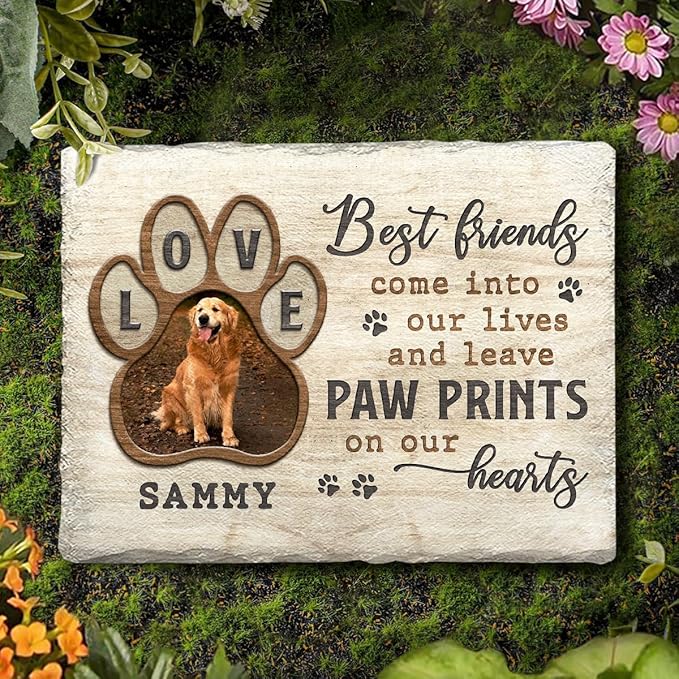 Dog Memorial Stone - Love Pawprint Plaque with Custom Photo & Touching Optional Quotes - Pet Loss Gift, Personalized Stones for Dogs Lover - Paw Prints on Our Hearts, Garden Décor