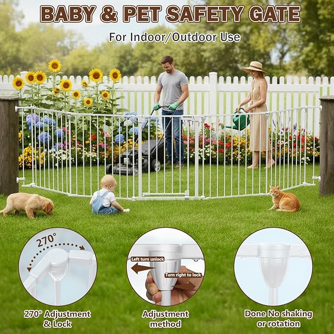 Mumeasy 126" Extra Wide Baby Gate for Doorways, Stairs & Fireplace, Auto Close Safety Dog & Pet Gate with Walk Thru Door, Childproof Fence for Hallway Kitchen House Indoor Outdoor,5 Metal Panels,White