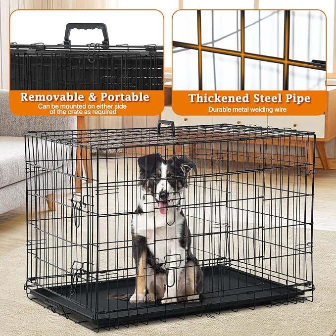 48 Inch Large Dog Crate Dog Kennel Cage Metal Wire Crates Pet Cages Double-Door Foldable Kennels with Handle and Plastic Tray Indoor&Outdoor,Black XXL