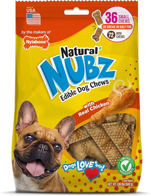Nylabone Nubz Natural Dog Chew Treats for Small Dogs, Long Lasting Dog Bones Made in USA, Chicken Flavor Breath Freshener Dental Chews, for Dogs Up to 25 lbs. (36 Count)