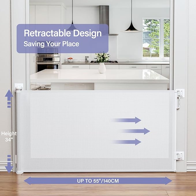 Retractable Baby Gates No Drilling, PRObebi Retractable Dog Gate for The House Extends to 54" Wide 33" Tall, Gates for Baby Indoor, Stair Gate for Outdoor, Staris, Hallways, Doorways, Deck, Porch