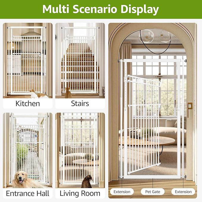 78.8" Extra Tall Cat Gate, 28.3-33" Wide Safety Metal Cat Door, Pressure Mounted Easy Walk Through Pet Gate with Door for Stairs, Doorways (White)