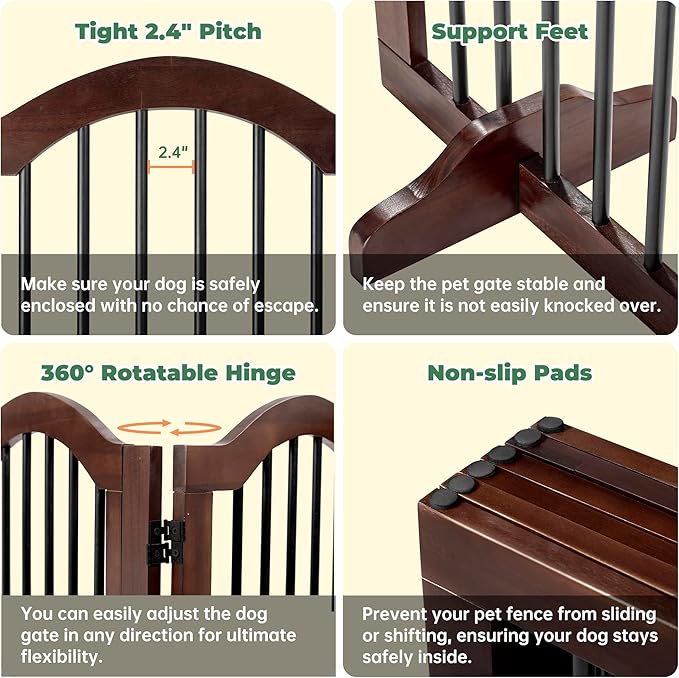 PrimeZone 144" Extra Wide Dog Gate - 6-Panel 30" Tall Solid Acacia Wooden Freestanding Puppy Gates with Door, Foldable Indoor Pet Fence for Doorways, Stairs, Support Feet Included, Brown