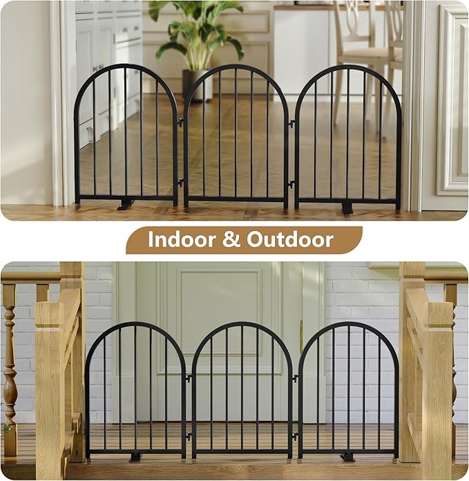 Full Metal Dog Gate for Indoor Outdoor, 24" Tall Free Standing Pet Dog Fence, 54" Wide Arched Pet Gates for Stairs, Hallways, Doorways, Kitchen, Decks, Yards (Black, 3 Panels)