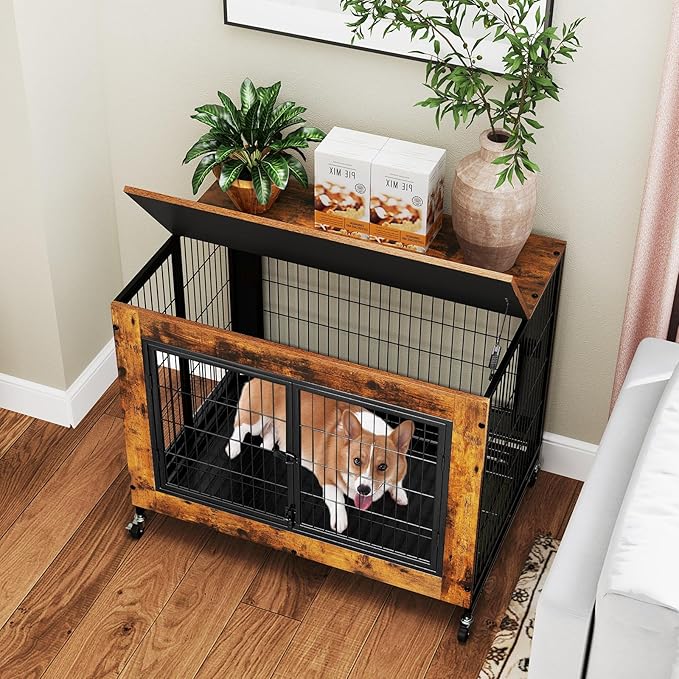 PETSITE Portable Dog Crate Furniture, 38 Inch Wooden Dog Kennel Side Table with Flip-up Top, 3 Lockable Doors and Removable Tray, Ideal for Small to Medium Dogs (Rustic Brown)