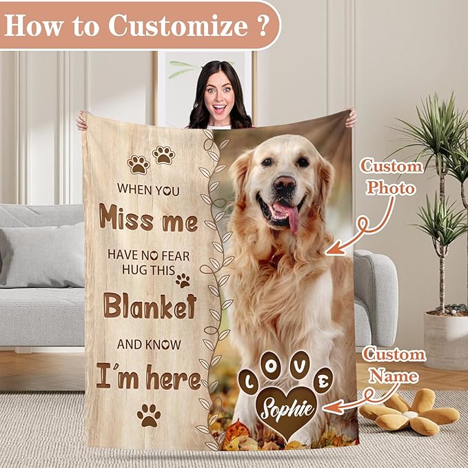Pet Memorial Blanket Gift - Personalized Dog Memorial Blanket with Photo Name, Pet Sympathy Gifts for Dogs Lovers, Custom Loss of Dog Grief Blankets, Pets Remembrance Bereavement Gifts (1 Photo)