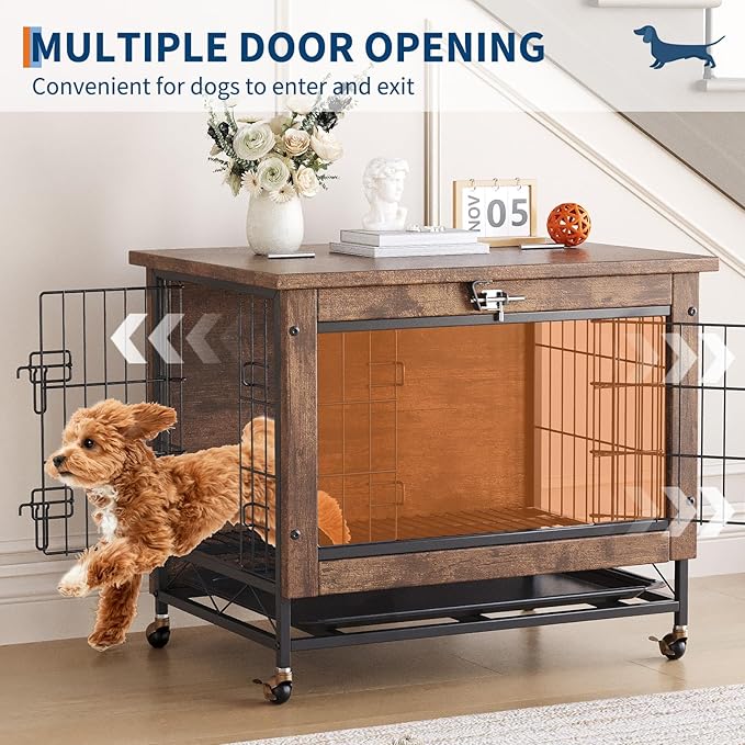 Double-Door Pet Crate Furniture, 26 Inch Indoor Dog House, Heavy Duty Wooden Kennel Side Table with Rustic Brown Finish, Chew-Resistant Dog Cage for Small Medium Dogs, Decorative End Table for Bedroom