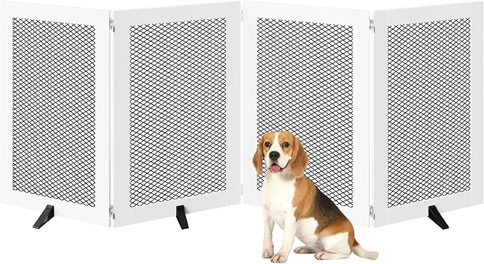 Freestanding Dog Gate Indoor, Foldable Wooden Pet Gate for The House Stairs Doorways, 4 Panels Tall Dog Fence with Support Feet, 79.1"W x 31.5"H, Extra Wide Step Over Fence, White DGHW80201