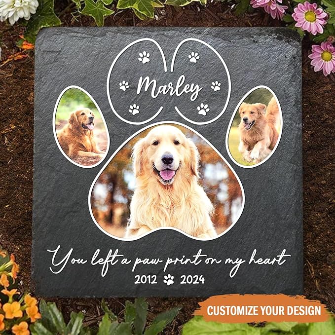 Wrappiness Pet Memorial Stone - You Left A Paw Print On My Heart, Personalized Dog Memorial Gifts, Remembrance Condolences Bereavement Gifts for Loss of Pet Custom Photo (Square 03, Stone)