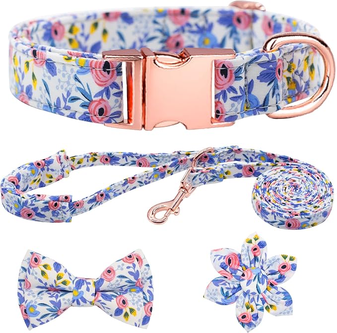 Dog Collar and Leash Set Girls Adjustable Puppy Collars with Floral Bow Tie for Small Medium Large Female Dogs, Blue Flower, M