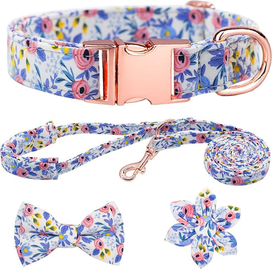 Dog Collar and Leash Set Girls Adjustable Puppy Collars with Floral Bow Tie for Small Medium Large Female Dogs, Blue Flower, M