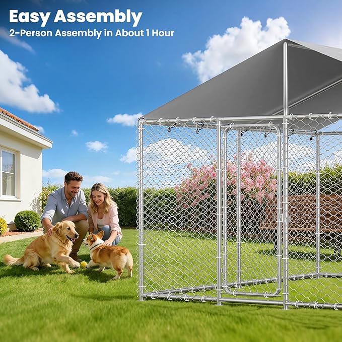 barlb15.3x15.3 FT Heavy Duty Outdoor Dog Kennel Outside with Waterproof Cover, UV-Resistant Roof, Secure Locking Mechanism for Large Dogs, Metal Enclosure for All Weather Conditions (183x183x83IN)