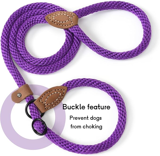 Mile High Life Slip Leads for Dogs | Heavy Duty Dog Training Leash | 4 Feet No Pull Slip Leashes w Leather Tip | Purple Rope Lead for Dogs Outside
