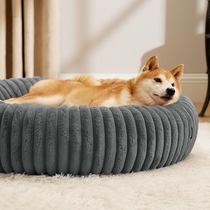 Bedsure ComfyFleece™ Donut Large Dog Bed - Washable Faux Fur with Corduroy Fleece & Anti Slip Bottom, Round Pet Bed with Removable Cover, Warm Grey, 36x36x8 inches